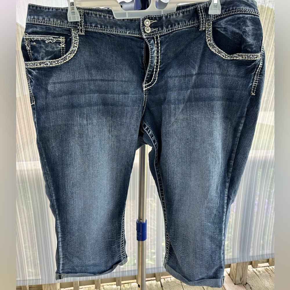 Maurices Blue Boyfriend capris with Rhinestone Details